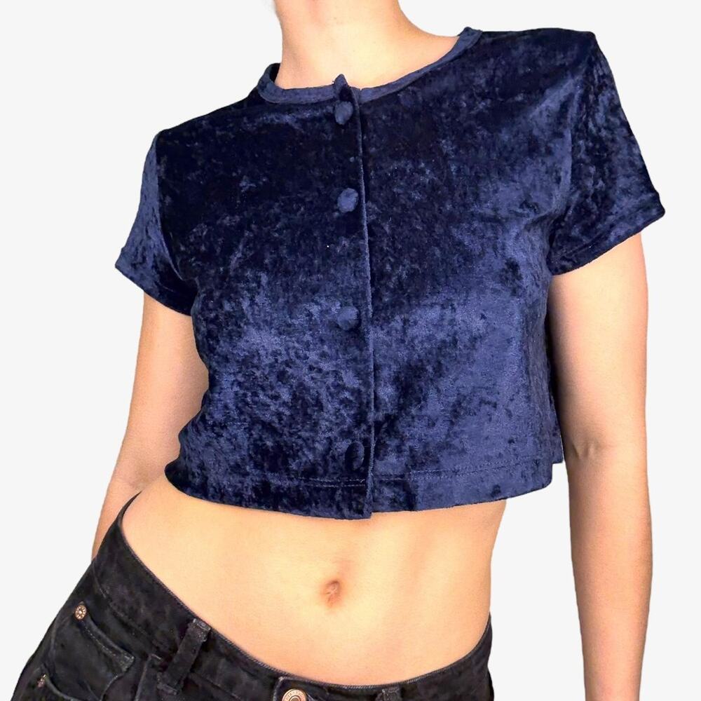 Blue velvety button up vintage short sleeve cardigan festive top